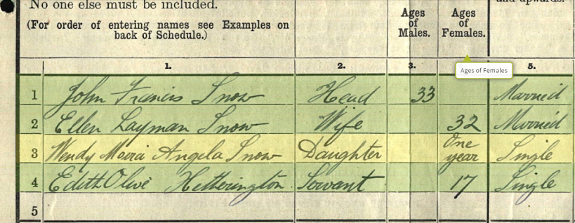 1911 UK Census record: Wendy Moira Angela Snow, named after Wendy Moira Angela Darling of the Peter Pan play