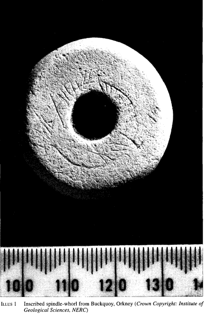 Source: Forsyth, Katherine (1995), “The ogham-inscribed spindle whorl from Buckquoy: evidence for the Irish language in pre-Viking Orkney?”, Proceedings of the Society of Antiquaries of Scotland 125, pp. pp 677-96. http://archaeologydataservice.ac.uk/archiveDS/archiveDownload?t=arch-352-1/dissemination/pdf/vol_125/125_677_696.pdf